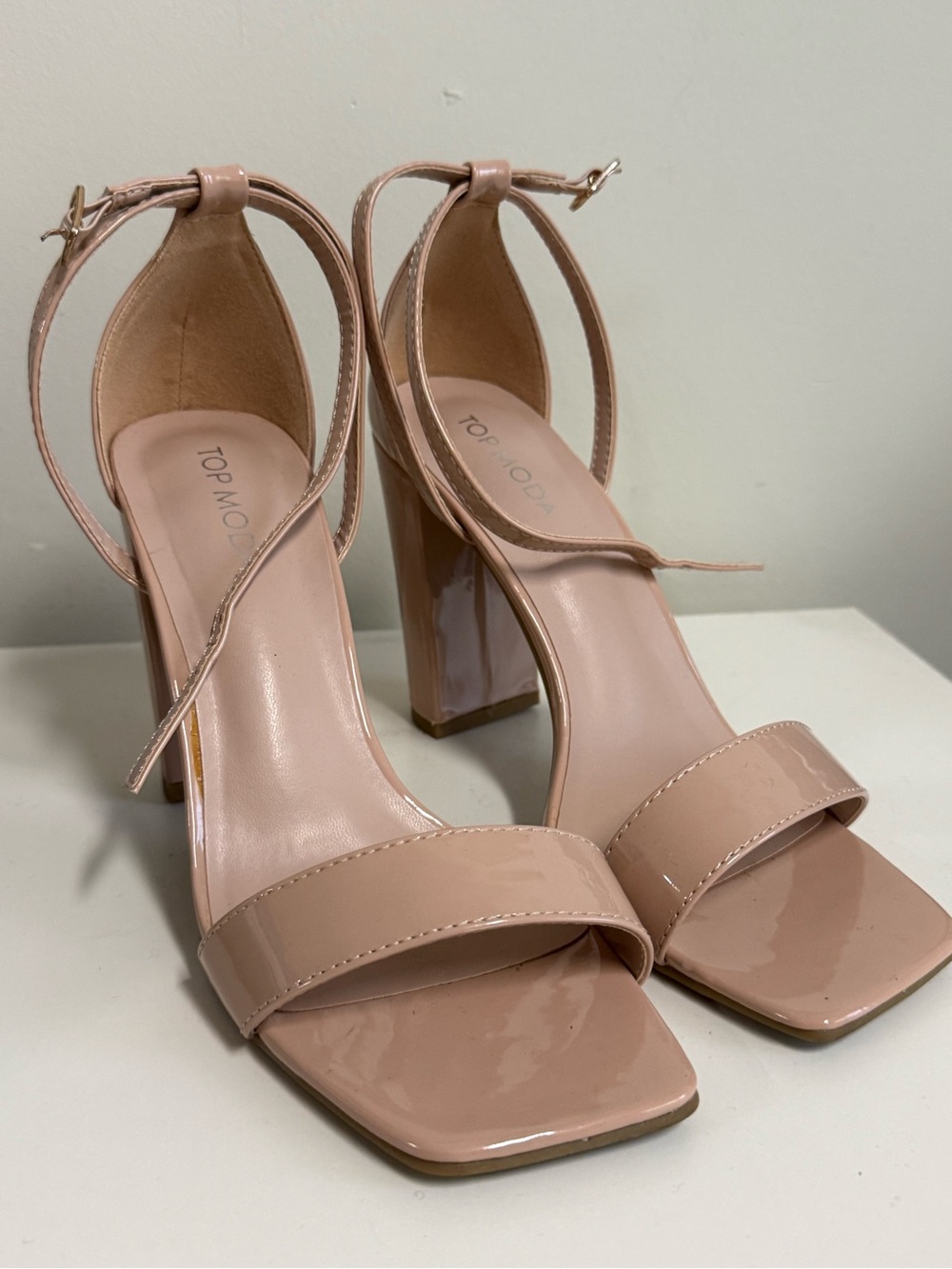 TOP Moda Blush Patent Block Heel Sandals with Ankle Strap